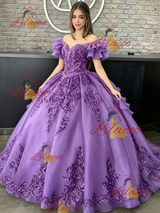 Purple Tulle Off the Shoulder Appliques Quinceanera Dress