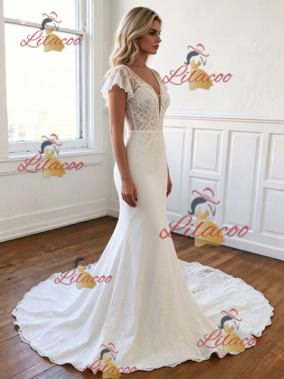 White Mermaid Lace V-neck Wedding Dress