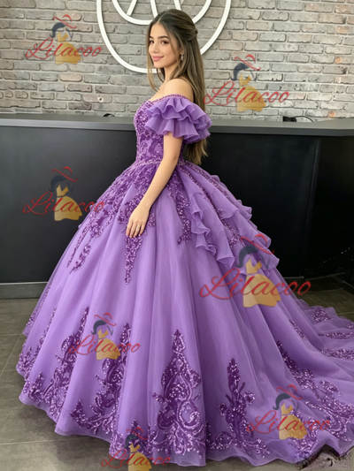 Purple Tulle Off the Shoulder Appliques Quinceanera Dress