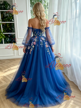 Blue Tulle Long Sleeve Appliques Prom Dress