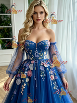 Blue Tulle Long Sleeve Appliques Prom Dress