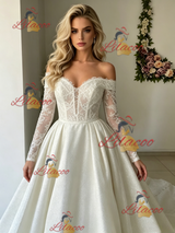 White Long Sleeve Lace Off the Shoulder Wedding Dress