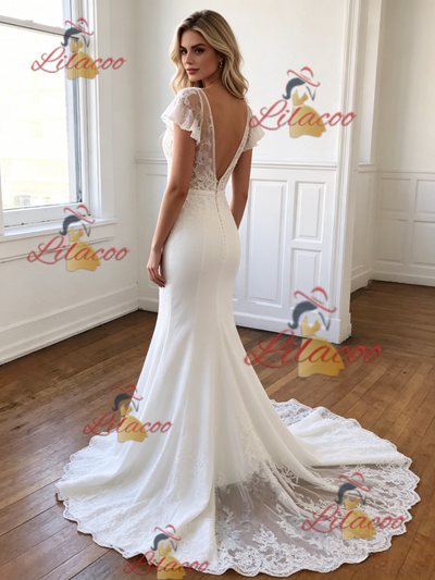White Mermaid Lace V-neck Wedding Dress