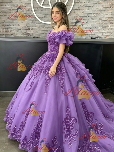 Purple Tulle Off the Shoulder Appliques Quinceanera Dress