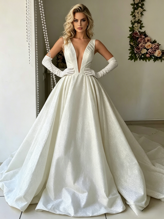 White V-neck Sleeveless Wedding Dress