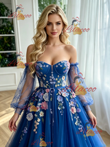 Blue Tulle Long Sleeve Appliques Prom Dress