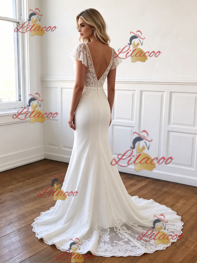 White Mermaid Lace V-neck Wedding Dress