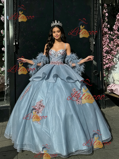 Blue Tulle Appliques Straps Quinceanera Dress