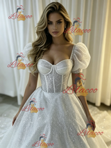 White Sequins Puff Sleeve Wedding Dress