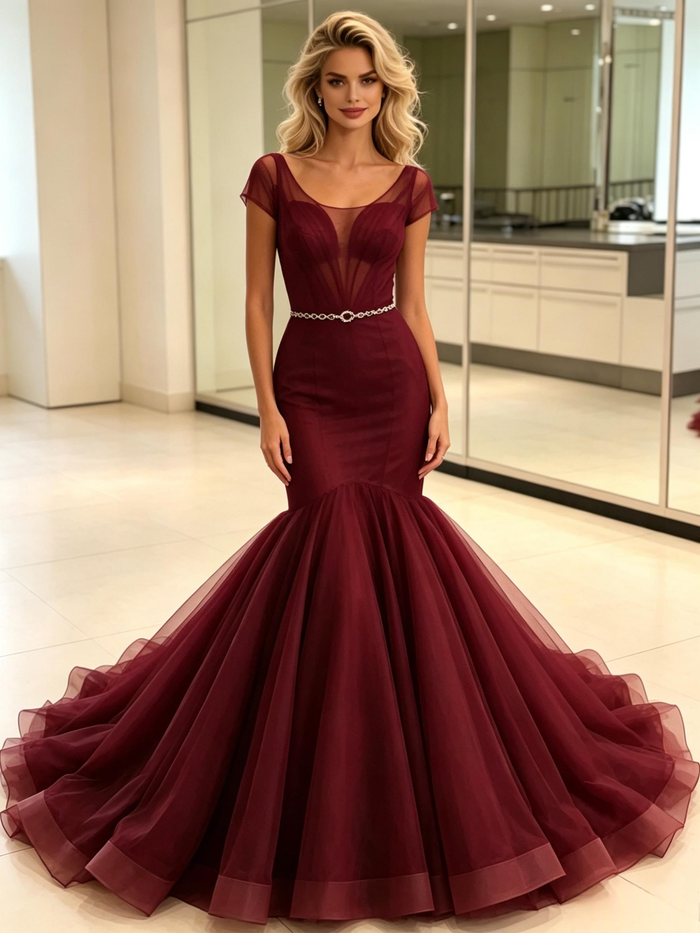 Burgundy Mermaid Tulle Cap Sleeve Prom Dress