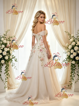 Ivory Tulle Off the Shoulder Appliques Wedding Dress