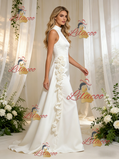 White Sheath Satin High Neck Flower Wedding Dress