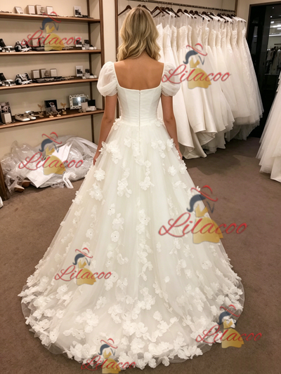White Tulle Puff Sleeve Flower Wedding Dress