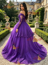 Purple Tulle Off the Shoulder Appliques Quinceanera Dress