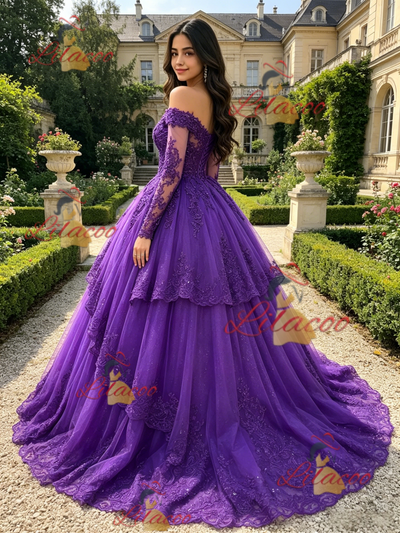 Purple Tulle Off the Shoulder Appliques Quinceanera Dress