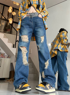 Vintage Ripped High Waist Loose Wide Leg Jeans