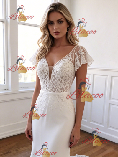 White Mermaid Lace V-neck Wedding Dress