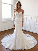 White Mermaid Off the Shoulder Puff Sleeve Lace Wedding Dress