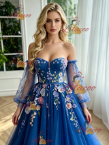 Blue Tulle Long Sleeve Appliques Prom Dress