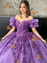 Purple Tulle Off the Shoulder Appliques Quinceanera Dress