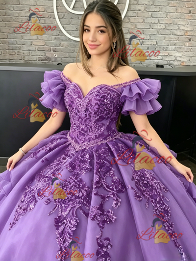 Purple Tulle Off the Shoulder Appliques Quinceanera Dress
