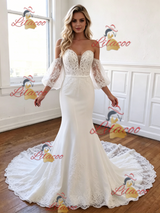White Mermaid Off the Shoulder Puff Sleeve Lace Wedding Dress
