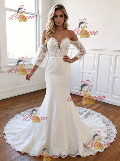 White Mermaid Off the Shoulder Puff Sleeve Lace Wedding Dress