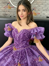 Purple Tulle Off the Shoulder Appliques Quinceanera Dress