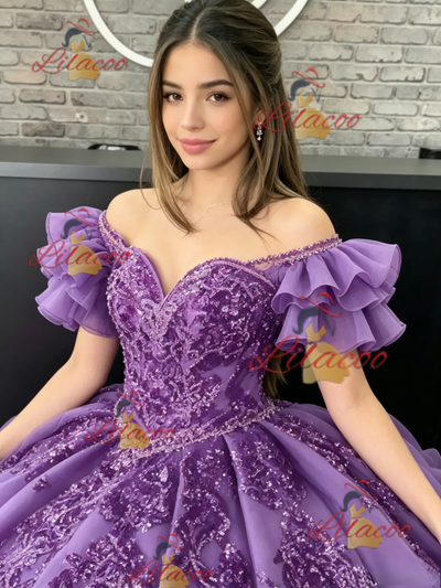 Purple Tulle Off the Shoulder Appliques Quinceanera Dress