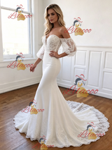 White Mermaid Off the Shoulder Puff Sleeve Lace Wedding Dress