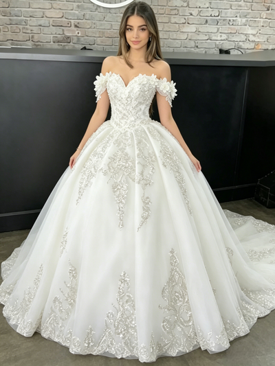 White Tulle Off the Shoulder Flower Quinceanera Dress