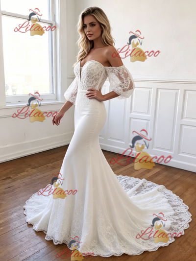 White Mermaid Off the Shoulder Puff Sleeve Lace Wedding Dress
