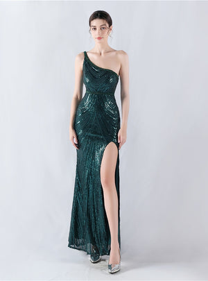 One Shoulder Sequins Beading Prom Dress