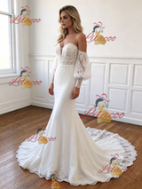White Mermaid Off the Shoulder Puff Sleeve Lace Wedding Dress