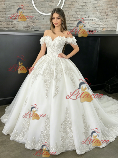 White Tulle Off the Shoulder Flower Quinceanera Dress