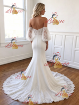 White Mermaid Off the Shoulder Puff Sleeve Lace Wedding Dress