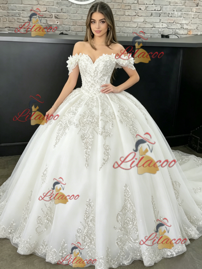 White Tulle Off the Shoulder Flower Quinceanera Dress