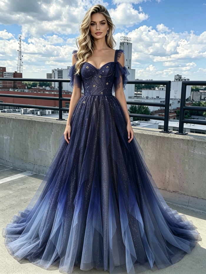 Tulle Sequins Straps Beading Prom Dress