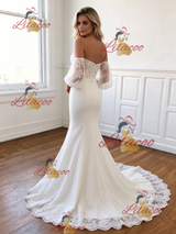 White Mermaid Off the Shoulder Puff Sleeve Lace Wedding Dress