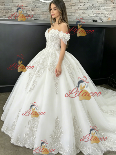White Tulle Off the Shoulder Flower Quinceanera Dress