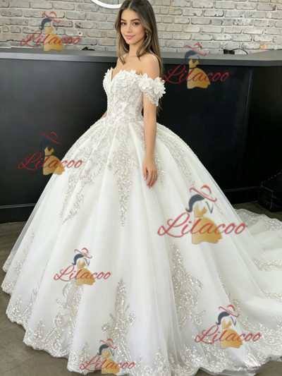 White Tulle Off the Shoulder Flower Quinceanera Dress