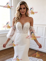 White Mermaid Off the Shoulder Puff Sleeve Lace Wedding Dress