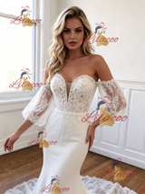 White Mermaid Off the Shoulder Puff Sleeve Lace Wedding Dress
