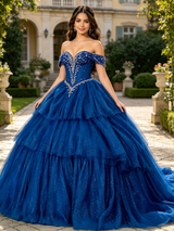 Blue Tulle Off the Shoulder Beading Quinceanera Dress