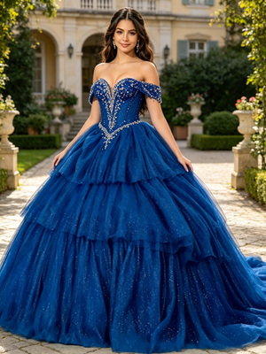Blue Tulle Off the Shoulder Beading Quinceanera Dress