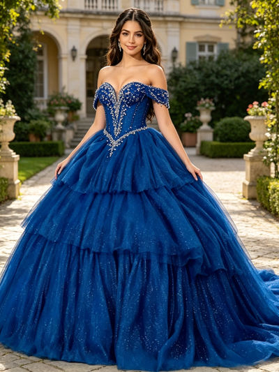 Blue Tulle Off the Shoulder Beading Quinceanera Dress