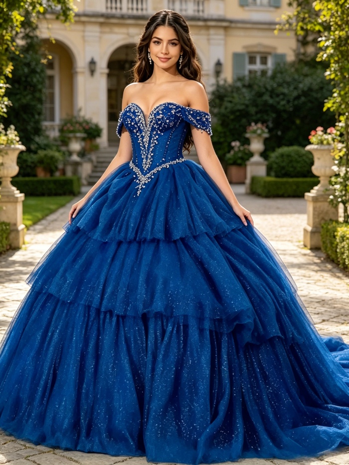 Blue Tulle Off the Shoulder Beading Quinceanera Dress