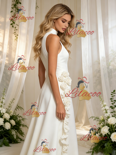 White Sheath Satin High Neck Flower Wedding Dress
