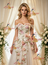 Ivory Tulle Off the Shoulder Appliques Wedding Dress