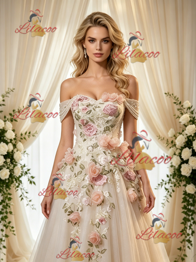 Ivory Tulle Off the Shoulder Appliques Wedding Dress